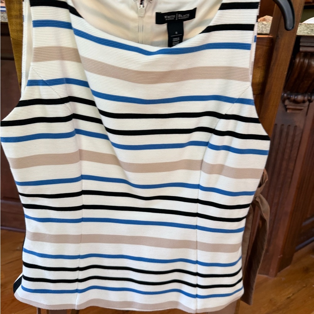 WHBM White Stripe Tank Top with Blue & Tan Accents